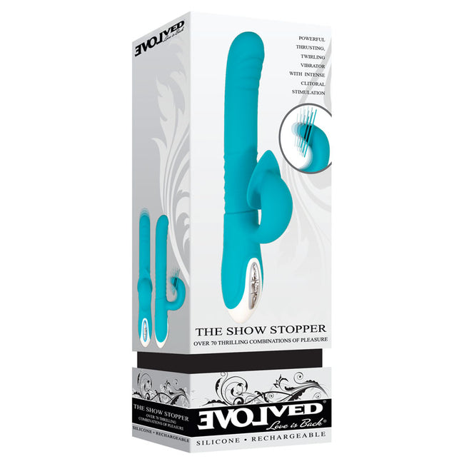 Evolved The Show Stopper - Teal 23.5 cm USB Rechargeable Thrusting Rabbit Vibrator