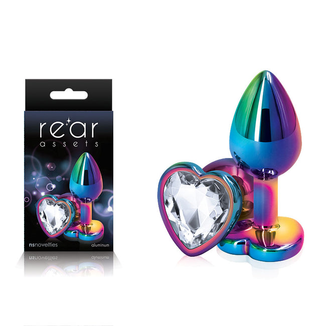 Rear Assets Multi  Heart - Multi  Small Metal Butt Plug with Clear Heart Gem Base