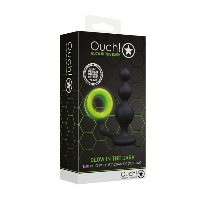 OUCH! Glow In The Dark Beads Butt Plug with Cock Ring - 11.2 cm