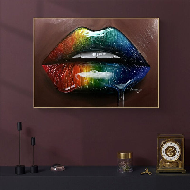 Dripping wet lips. Oil portrait printed on canvas