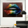 Dripping wet lips. Oil portrait printed on canvas