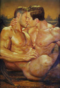Il bacio maschile (the male kiss). Oil painting printed on canvas